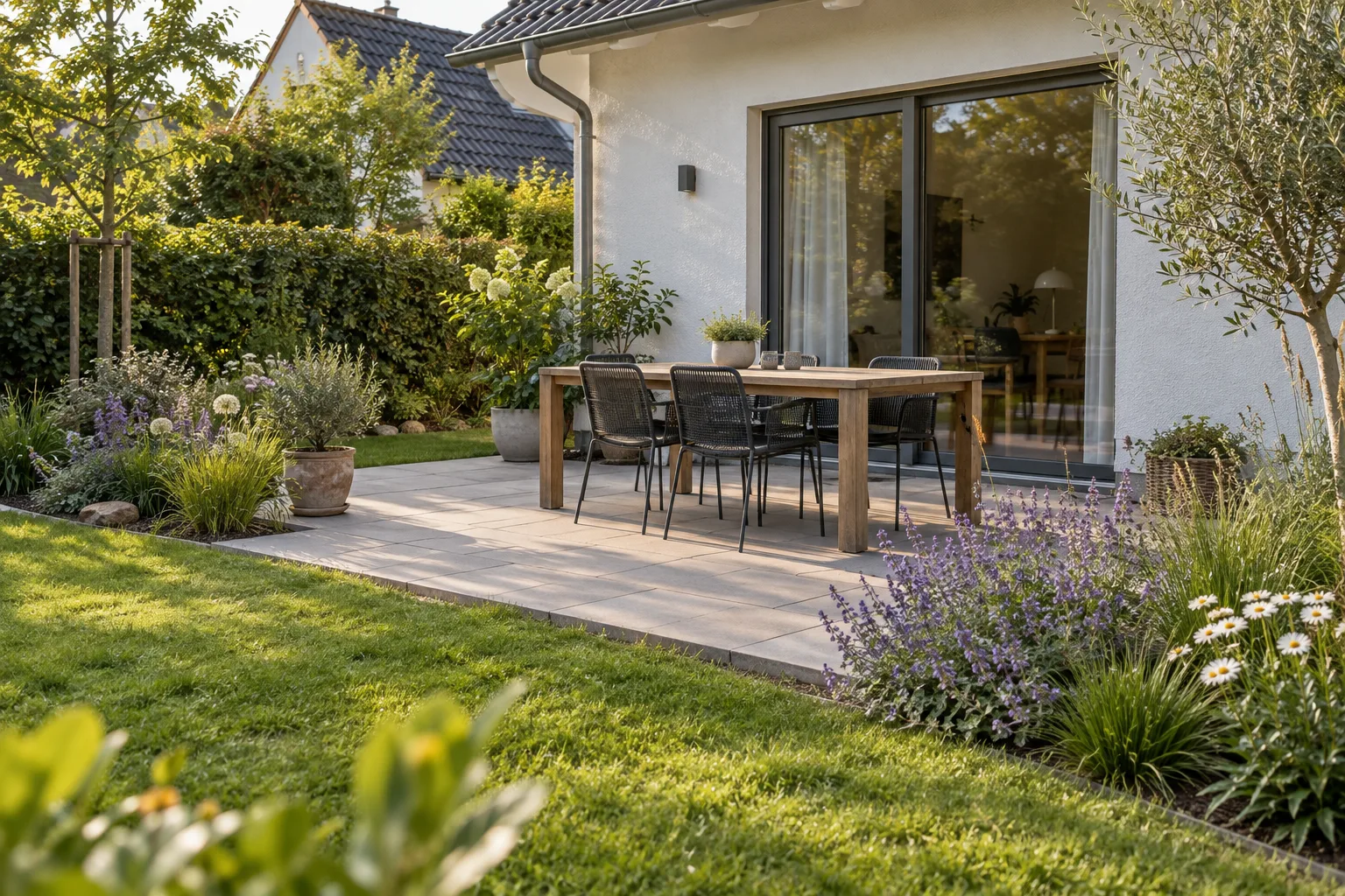 Sitzplatz mit warmgrauen Platten, Holztisch und Stauden vor einem weiß verputzten Haus.